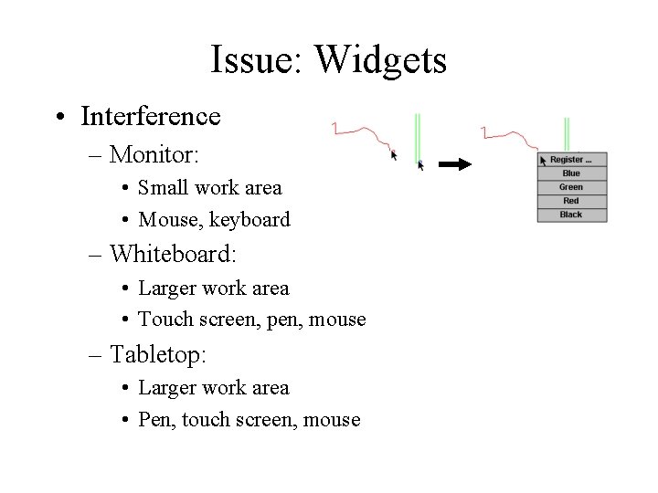 Issue: Widgets • Interference – Monitor: • Small work area • Mouse, keyboard –