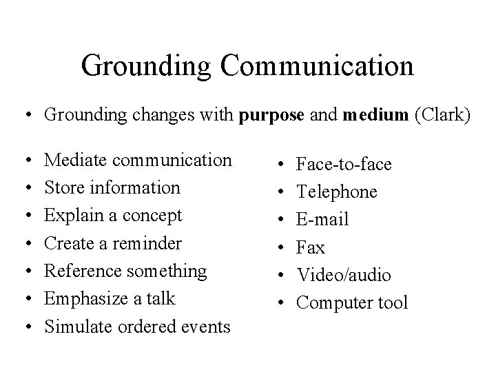 Grounding Communication • Grounding changes with purpose and medium (Clark) • • Mediate communication