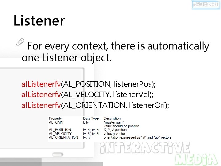 Listener For every context, there is automatically one Listener object. al. Listenerfv(AL_POSITION, listener. Pos);