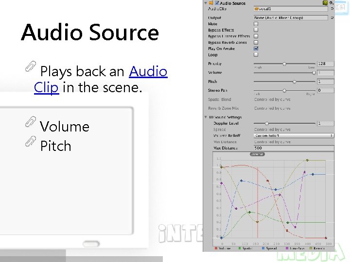 Audio Source Plays back an Audio Clip in the scene. Volume Pitch 