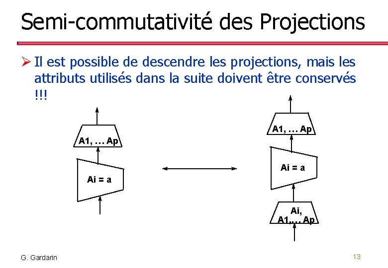 Semi-commutativité des Projections Ø Il est possible de descendre les projections, mais les attributs