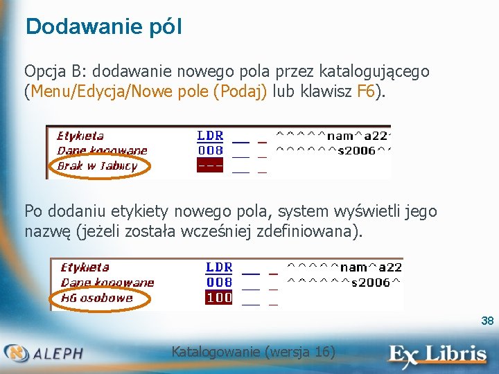 Dodawanie pól Opcja B: dodawanie nowego pola przez katalogującego (Menu/Edycja/Nowe pole (Podaj) lub klawisz