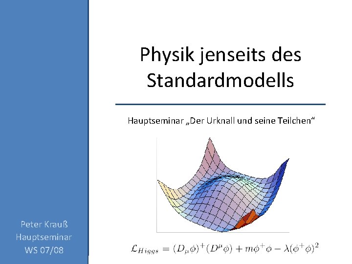 Physik jenseits des Standardmodells Hauptseminar „Der Urknall und seine Teilchen“ Peter Krauß Hauptseminar WS
