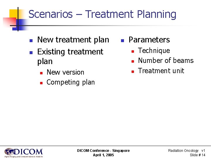 Scenarios – Treatment Planning n n New treatment plan Existing treatment plan n Parameters