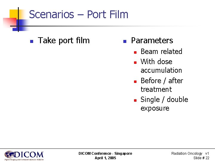 Scenarios – Port Film n Take port film n Parameters n n DICOM Conference