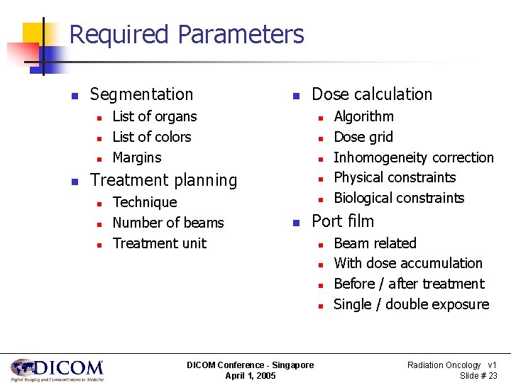 Required Parameters n Segmentation n n Dose calculation List of organs List of colors