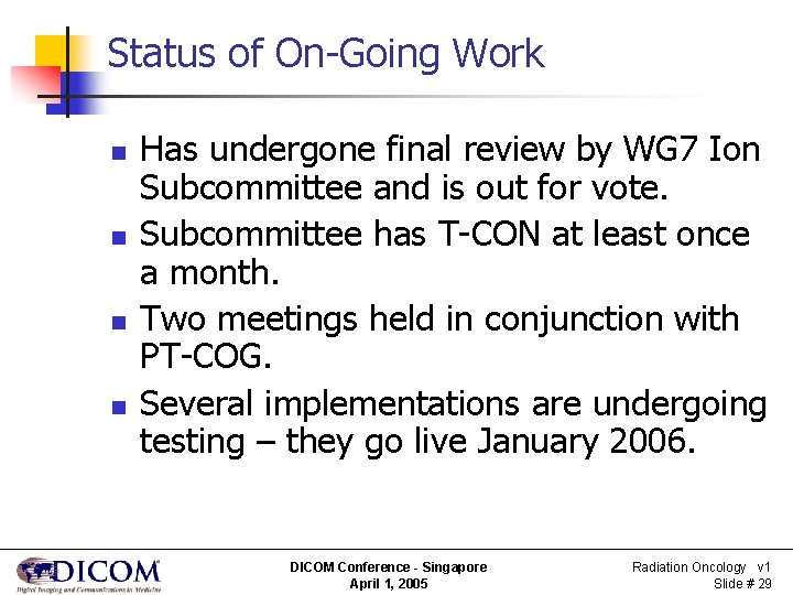 Status of On-Going Work n n Has undergone final review by WG 7 Ion