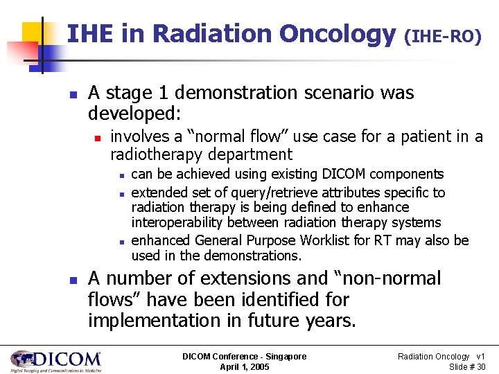 IHE in Radiation Oncology n A stage 1 demonstration scenario was developed: n involves