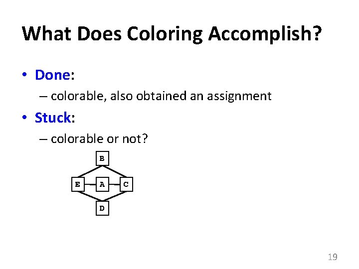 What Does Coloring Accomplish? • Done: – colorable, also obtained an assignment • Stuck: