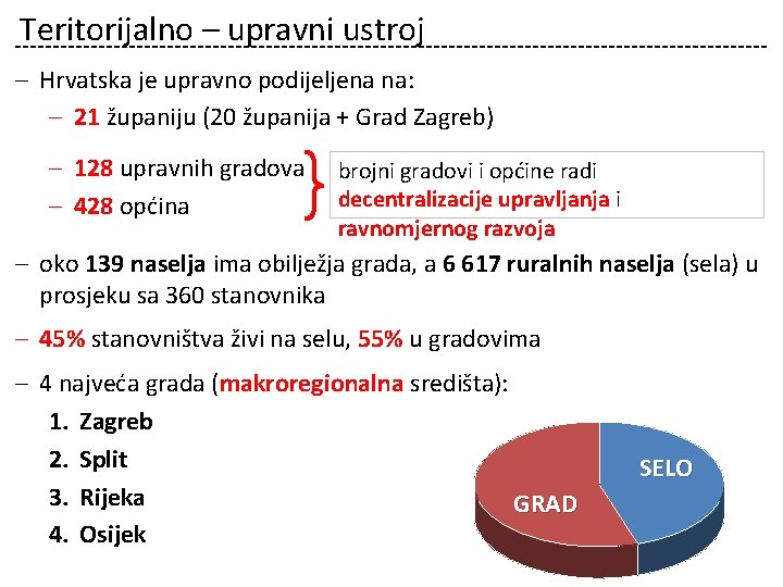 Teritorijalno – upravni ustroj ‒ Hrvatska je upravno podijeljena na: ‒ 21 županiju (20