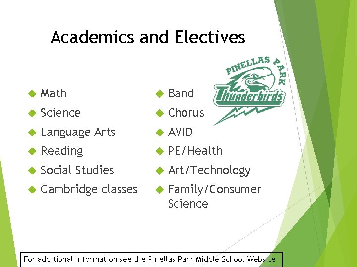 Academics and Electives Math Band Science Chorus Language Arts AVID Reading PE/Health Social Studies