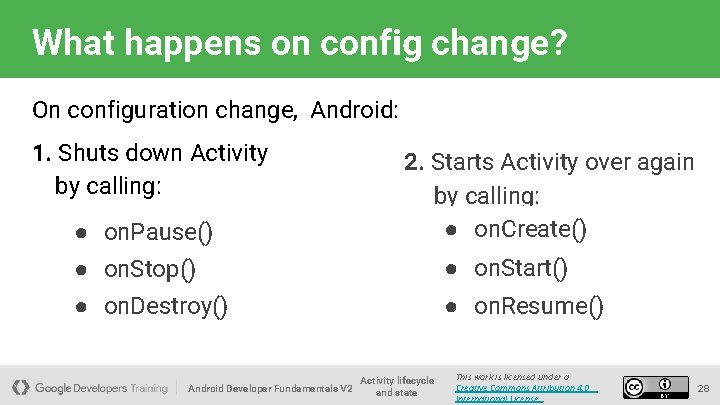 What happens on config change? On configuration change, Android: 1. Shuts down Activity by