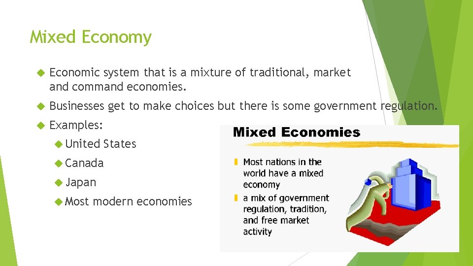 Mixed Economy Economic system that is a mixture of traditional, market and command economies.