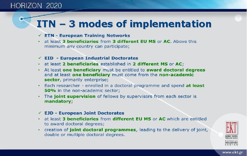 ITN – 3 modes of implementation 