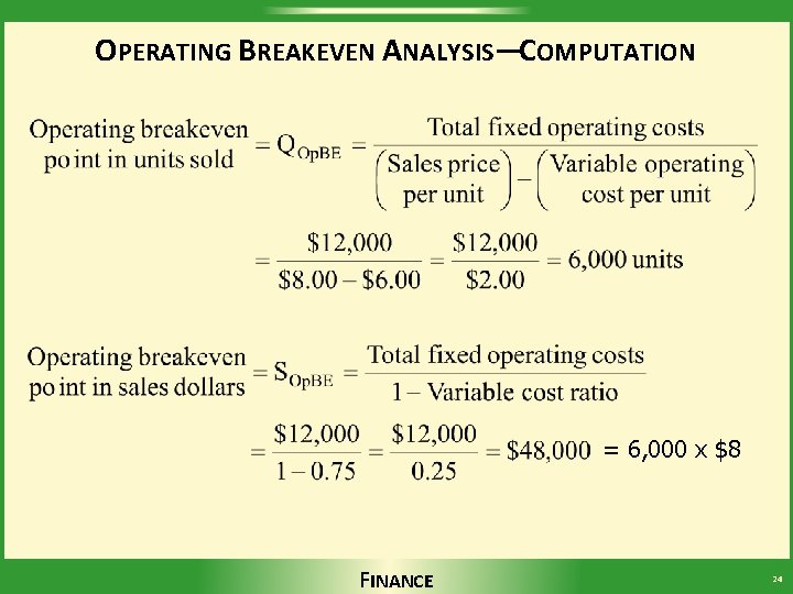 OPERATING BREAKEVEN ANALYSIS—COMPUTATION = 6, 000 x $8 FINANCE 24 