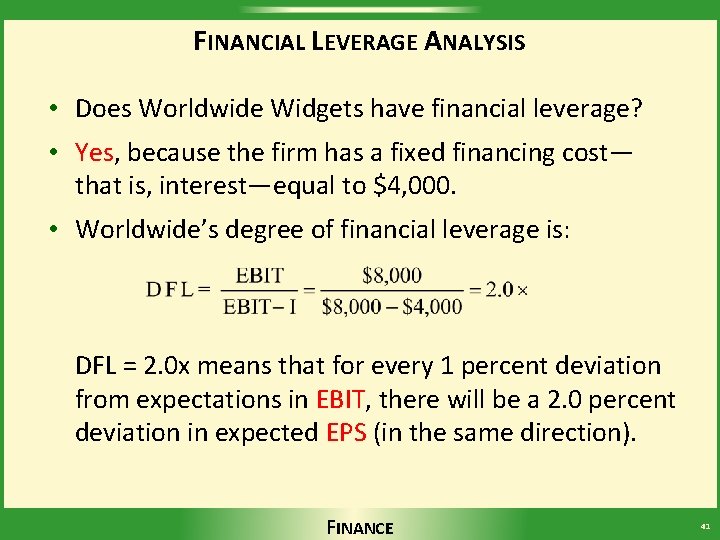 FINANCIAL LEVERAGE ANALYSIS • Does Worldwide Widgets have financial leverage? • Yes, because the
