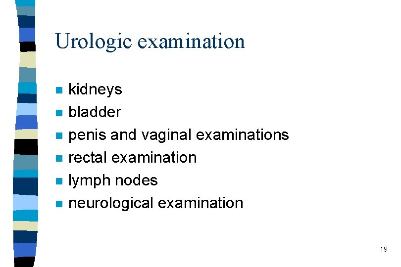 Urologic examination n n n kidneys bladder penis and vaginal examinations rectal examination lymph