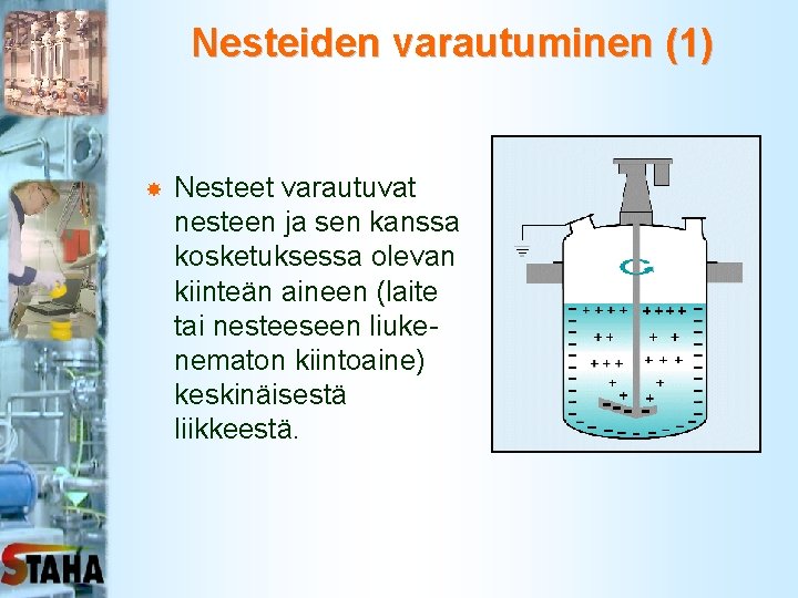 Nesteiden varautuminen (1) Nesteet varautuvat nesteen ja sen kanssa kosketuksessa olevan kiinteän aineen (laite