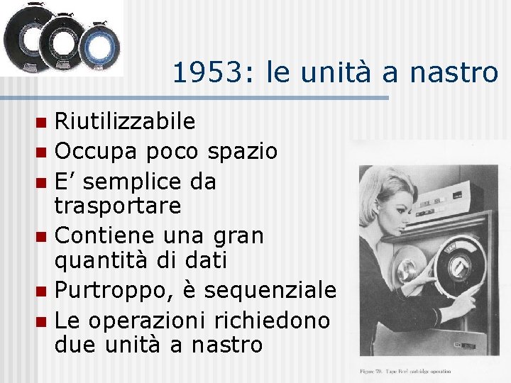 1953: le unità a nastro Riutilizzabile n Occupa poco spazio n E’ semplice da