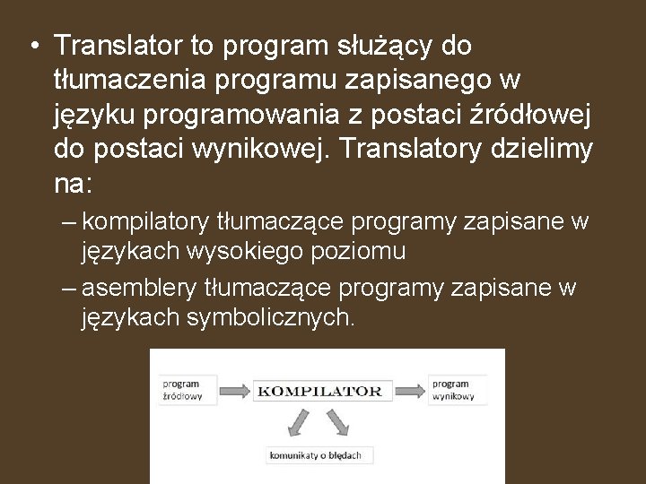  • Translator to program służący do tłumaczenia programu zapisanego w języku programowania z