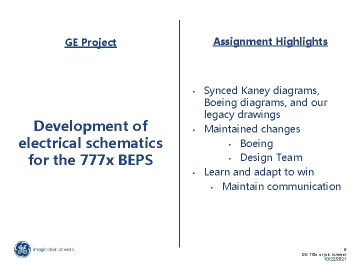 Assignment Highlights GE Project • Development of electrical schematics for the 777 x BEPS Assignment Highlights GE Project • Development of electrical schematics for the 777 x BEPS
