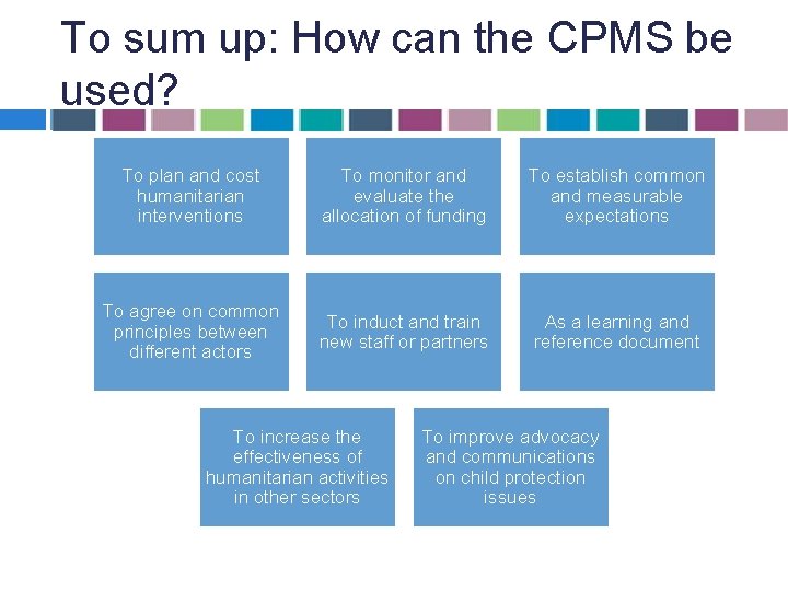 To sum up: How can the CPMS be used? To plan and cost humanitarian To sum up: How can the CPMS be used? To plan and cost humanitarian