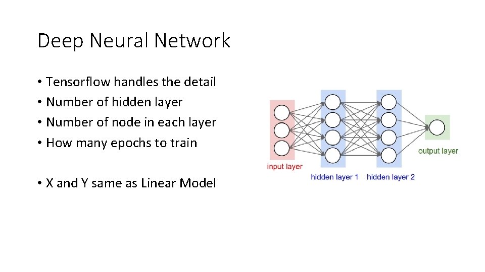 Deep Neural Network • Tensorflow handles the detail • Number of hidden layer •