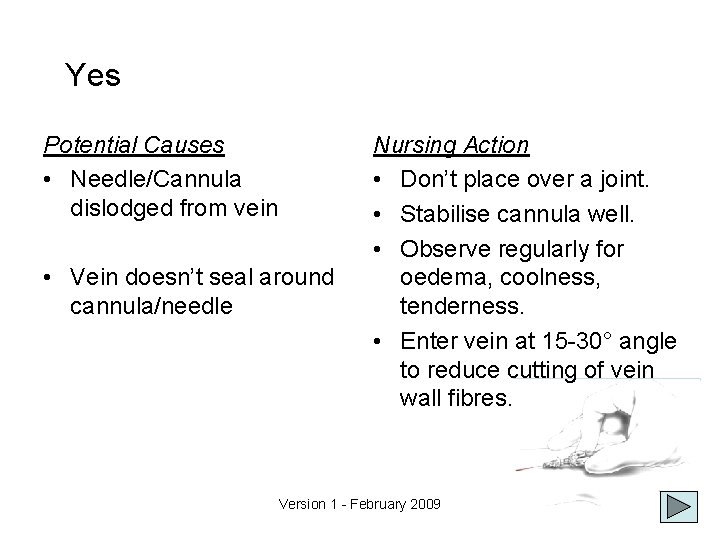 Yes Potential Causes • Needle/Cannula dislodged from vein • Vein doesn’t seal around cannula/needle