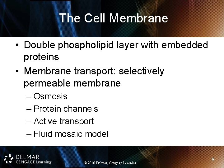 The Cell Membrane • Double phospholipid layer with embedded proteins • Membrane transport: selectively