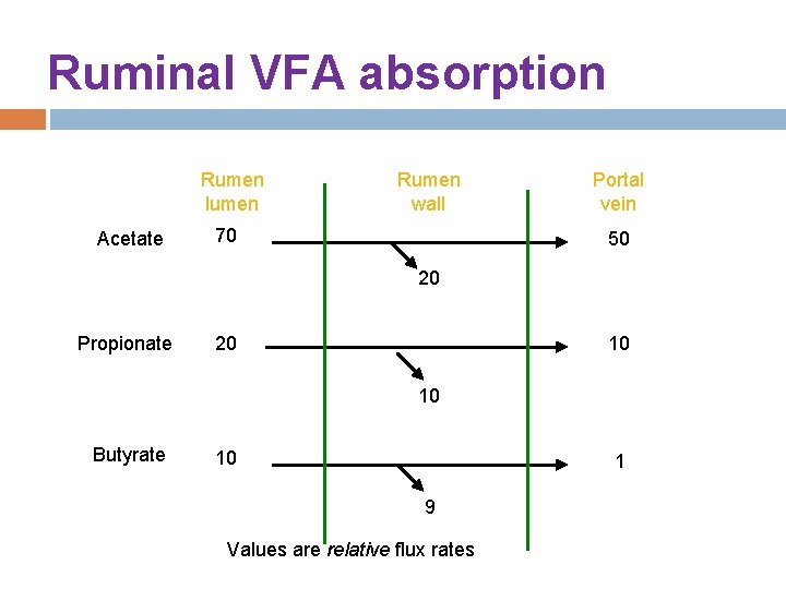 Ruminal VFA absorption Rumen lumen Acetate Rumen wall 70 Portal vein 50 20 Propionate