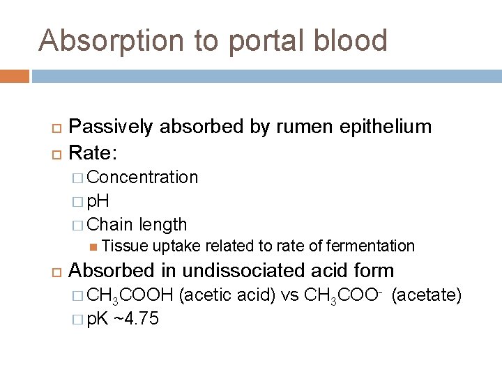 Absorption to portal blood Passively absorbed by rumen epithelium Rate: � Concentration � p.