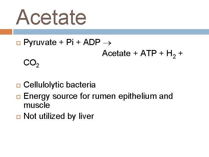 Acetate Pyruvate + Pi + ADP Acetate + ATP + H 2 + CO