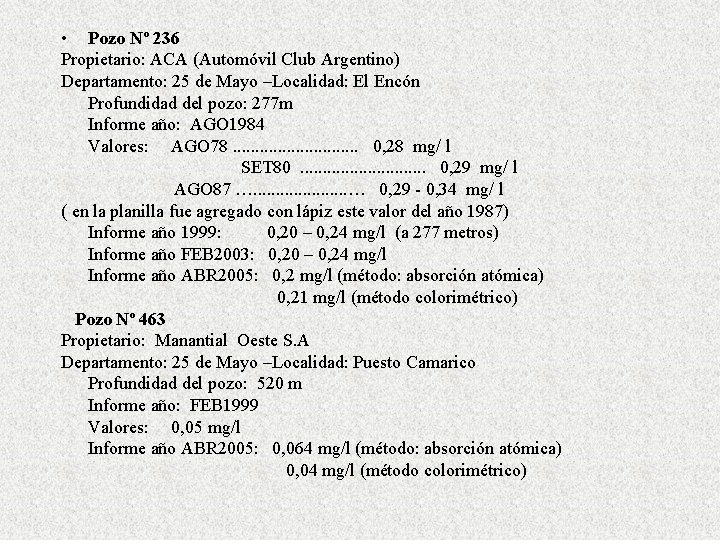  • Pozo Nº 236 Propietario: ACA (Automóvil Club Argentino) Departamento: 25 de Mayo