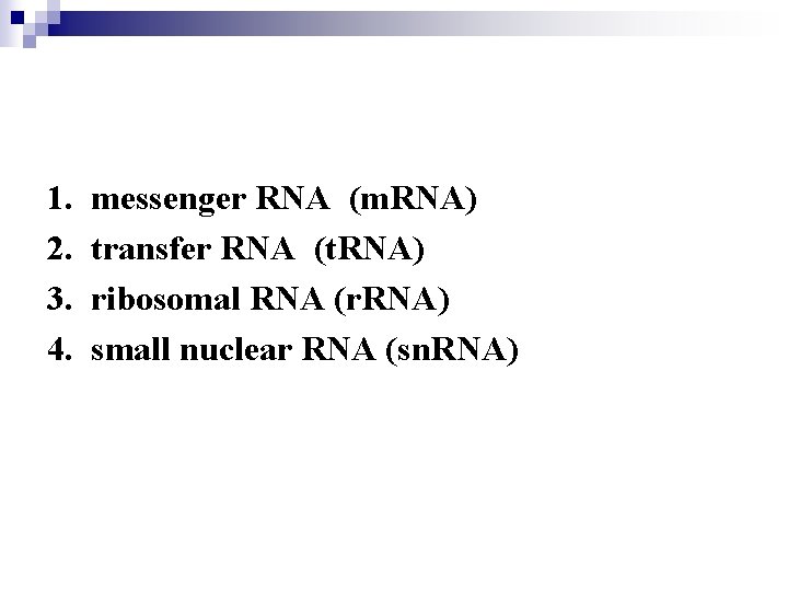 1. 2. 3. 4. messenger RNA (m. RNA) transfer RNA (t. RNA) ribosomal RNA