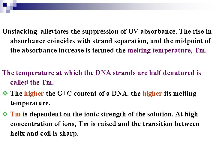 Unstacking alleviates the suppression of UV absorbance. The rise in absorbance coincides with strand