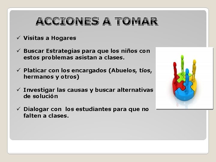 ACCIONES A TOMAR ü Visitas a Hogares ü Buscar Estrategias para que los niños