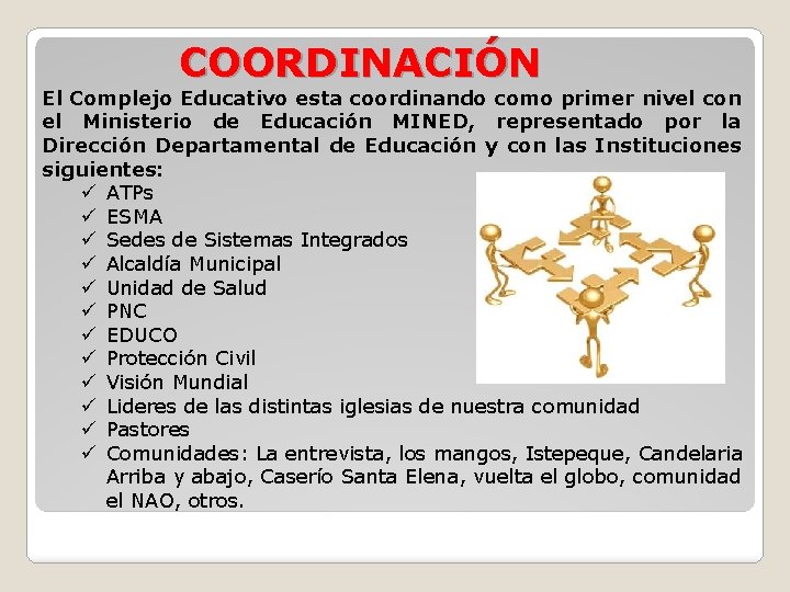 COORDINACIÓN El Complejo Educativo esta coordinando como primer nivel con el Ministerio de Educación