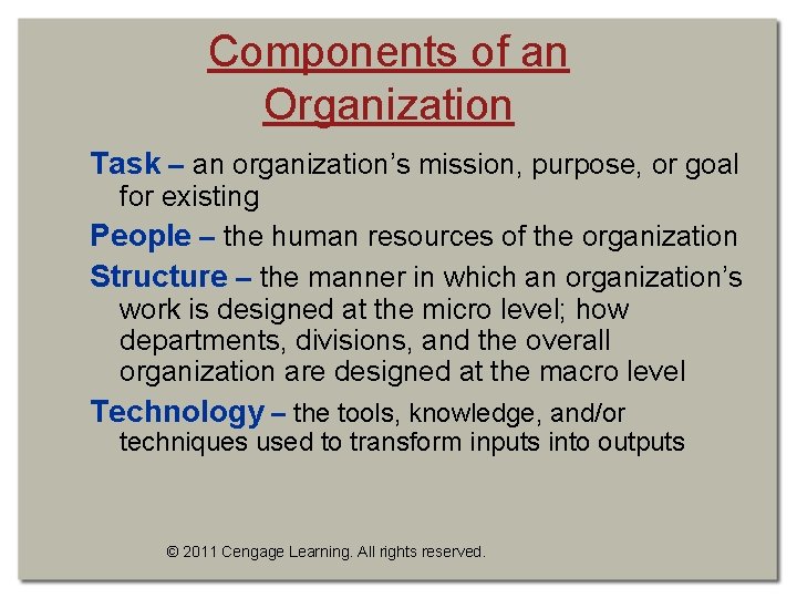 Components of an Organization Task – an organization’s mission, purpose, or goal for existing Components of an Organization Task – an organization’s mission, purpose, or goal for existing