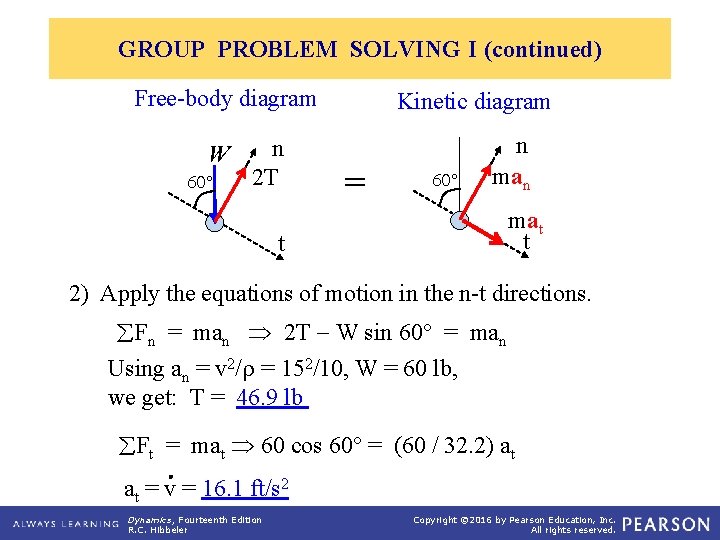 GROUP PROBLEM SOLVING I (continued) Free-body diagram W 60 n 2 T Kinetic diagram