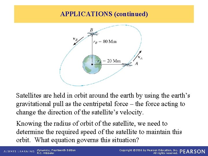 APPLICATIONS (continued) Satellites are held in orbit around the earth by using the earth’s