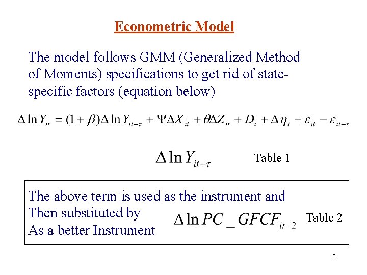 Econometric Model The model follows GMM (Generalized Method of Moments) specifications to get rid