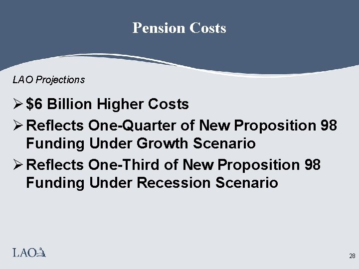 Pension Costs LAO Projections Ø $6 Billion Higher Costs Ø Reflects One-Quarter of New