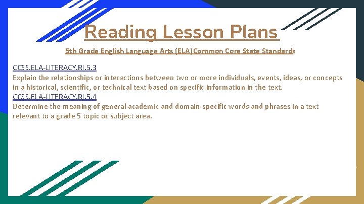 Reading Lesson Plans 5 th Grade English Language