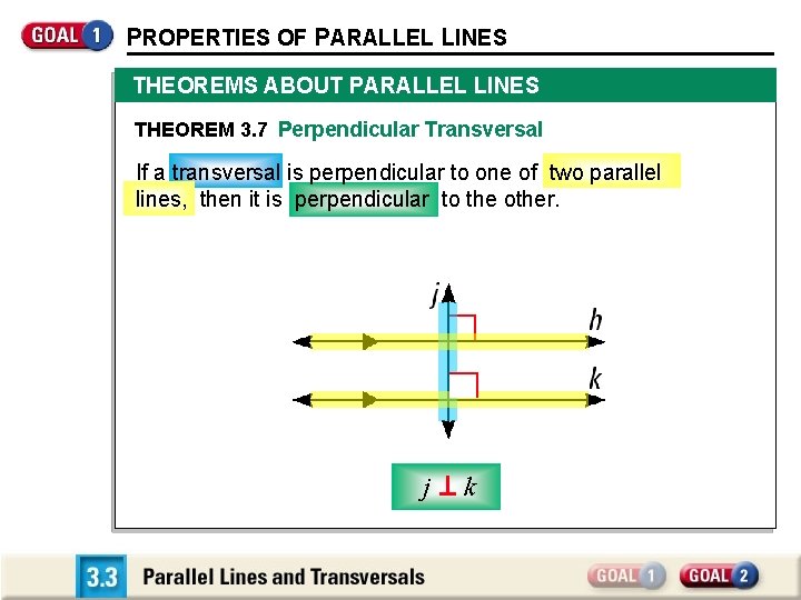 PROPERTIES OF PARALLEL LINES THEOREMS ABOUT PARALLEL LINES THEOREM 3. 7 Perpendicular Transversal If
