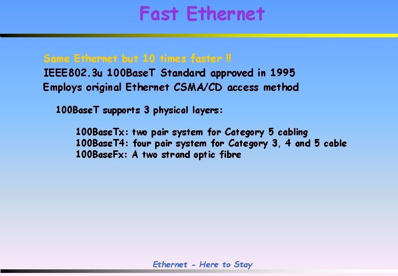 Fast Ethernet Same Ethernet but 10 times faster !! IEEE 802. 3 u 100
