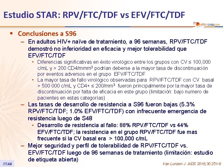 Estudio STAR: RPV/FTC/TDF vs EFV/FTC/TDF § Conclusiones a S 96 – En adultos HIV+