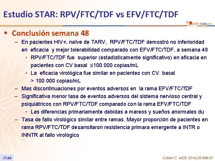 Estudio STAR: RPV/FTC/TDF vs EFV/FTC/TDF § Conclusión semana 48 – En pacientes HIV+, naïve