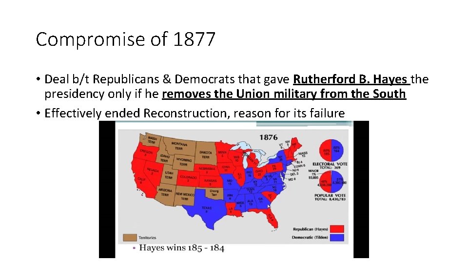 Compromise of 1877 • Deal b/t Republicans & Democrats that gave Rutherford B. Hayes