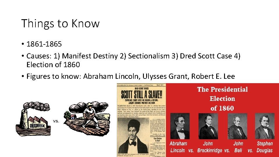 Things to Know • 1861 -1865 • Causes: 1) Manifest Destiny 2) Sectionalism 3)