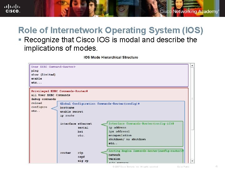 Role of Internetwork Operating System (IOS) § Recognize that Cisco IOS is modal and